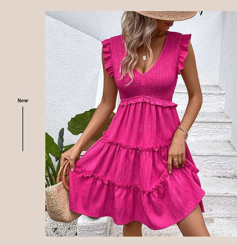 Summer Midi Dresses Casual Red Ruffle Big Hem Holiday Beach Dress Fashion Sleevelee V Neck Dresses