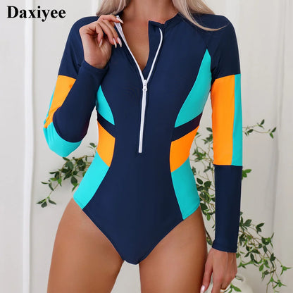 Contrast Color One Piece Swimsuit Rashguard Long Sleeve Surf Swimwear Women Patchwork Bathing Suit High Elasticity Bodysuit