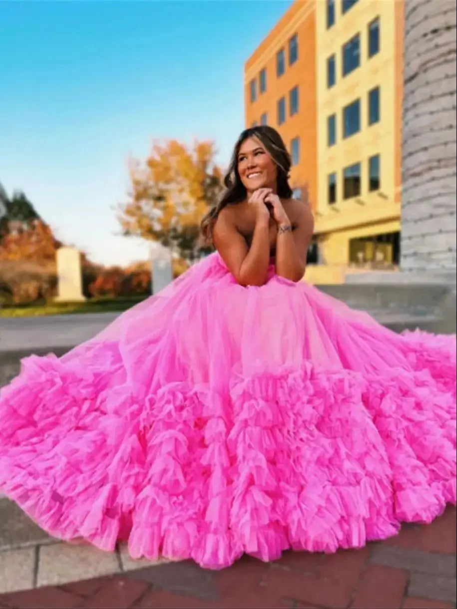 Strapless Hot Pink Evening Dress Princess Puffy A-line Party Dress 2024 Tulle Sweep Tail Multi layer Dress The Clothing Company Sydney