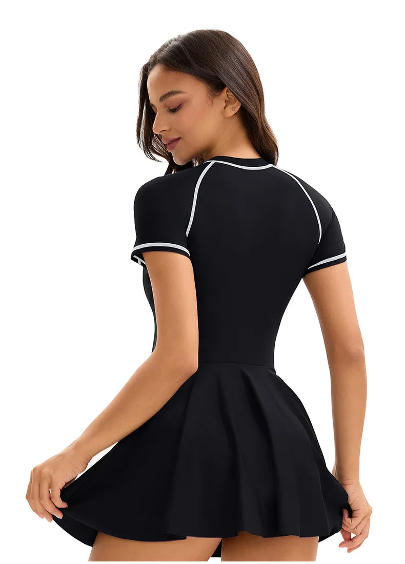 Women's high neck one-piece swimdress swimsuit with skirt in sporty swimwear style