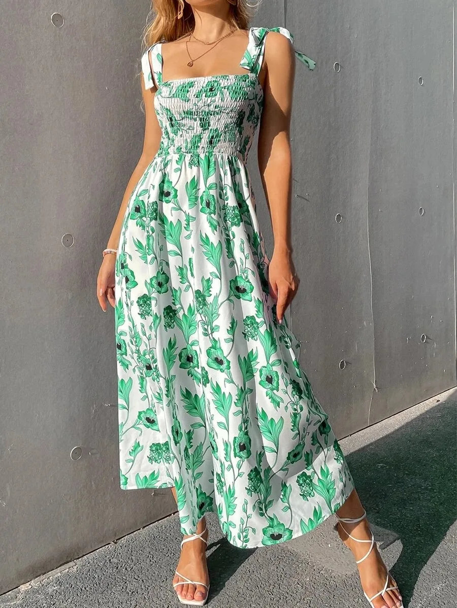 Floral Long Dress Women's Backless Sleeveless Bandage Beach Sundress Casual Green Summer Ladies Dresses