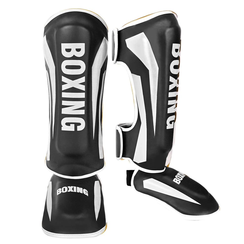 Muay Thai shin guards with foot protection for boxing, fighting, and taekwondo training