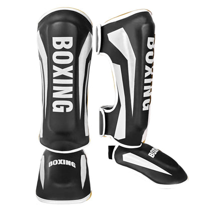 Muay Thai shin guards with foot protection for boxing, fighting, and taekwondo training