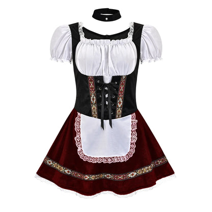 Women's Elegant Ruffled Lace Up Maid Cosplay Costume Oktoberfest Bavarian Dirndl Vintage Festival Dress