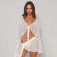 Green Summer Sexy Beach Dress Sets Women See Through Outfits White Long Sleeve Crop Top and Mini Skirt 2 Piece Set The Clothing Company Sydney