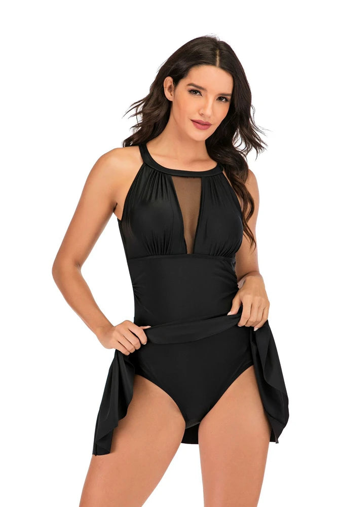 Women's One Piece Swimsuit Swimdress With Shorts Slim Mesh Hollow Out Design Solid Black/Red/Dark Blue Swimwear Plus Size