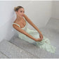 Flower Printed Slim A-line Sling Green Square Neck High Split Long Elegant Chic Evening Dress