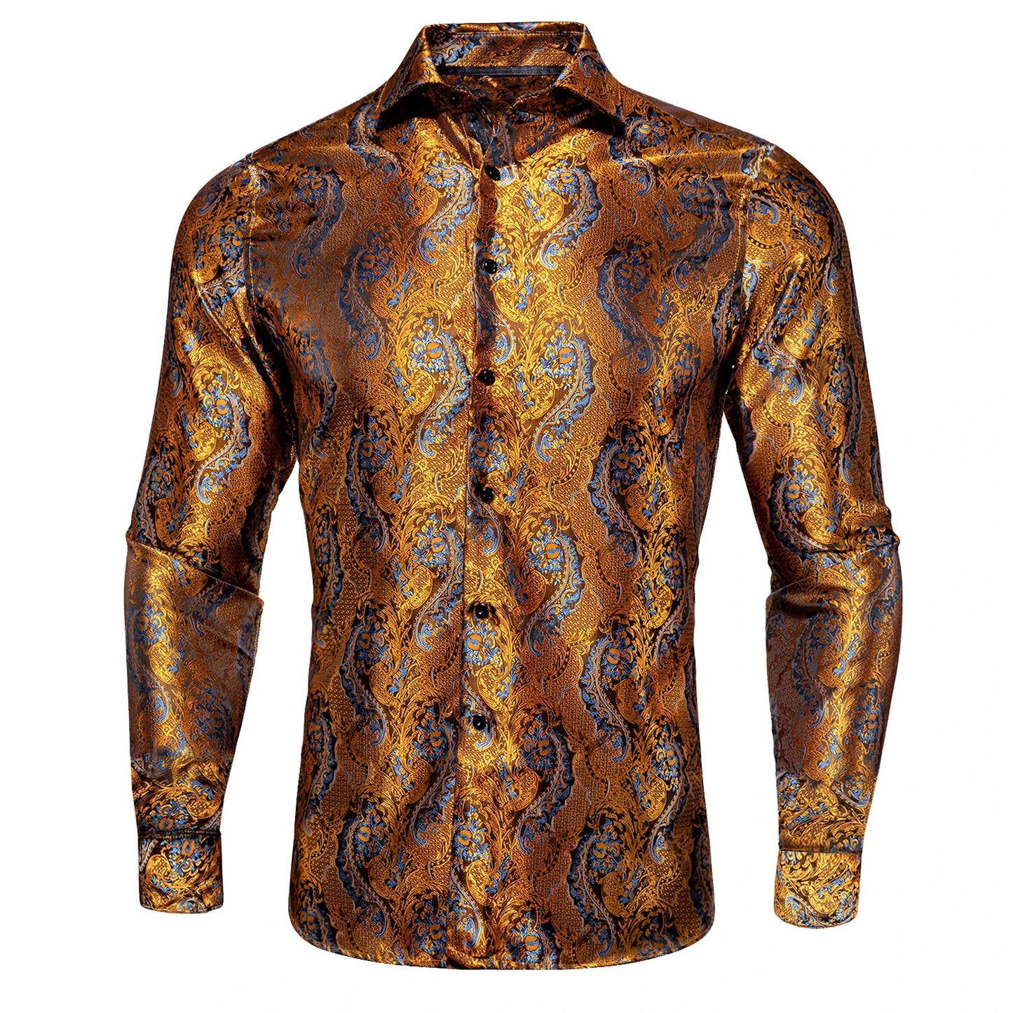 Hi-Tie Long Sleeve Silk Shirts for Men Suit Dress Outwear Male Slim Wedding Floral Paisley Gold Blue Red The Clothing Company Sydney