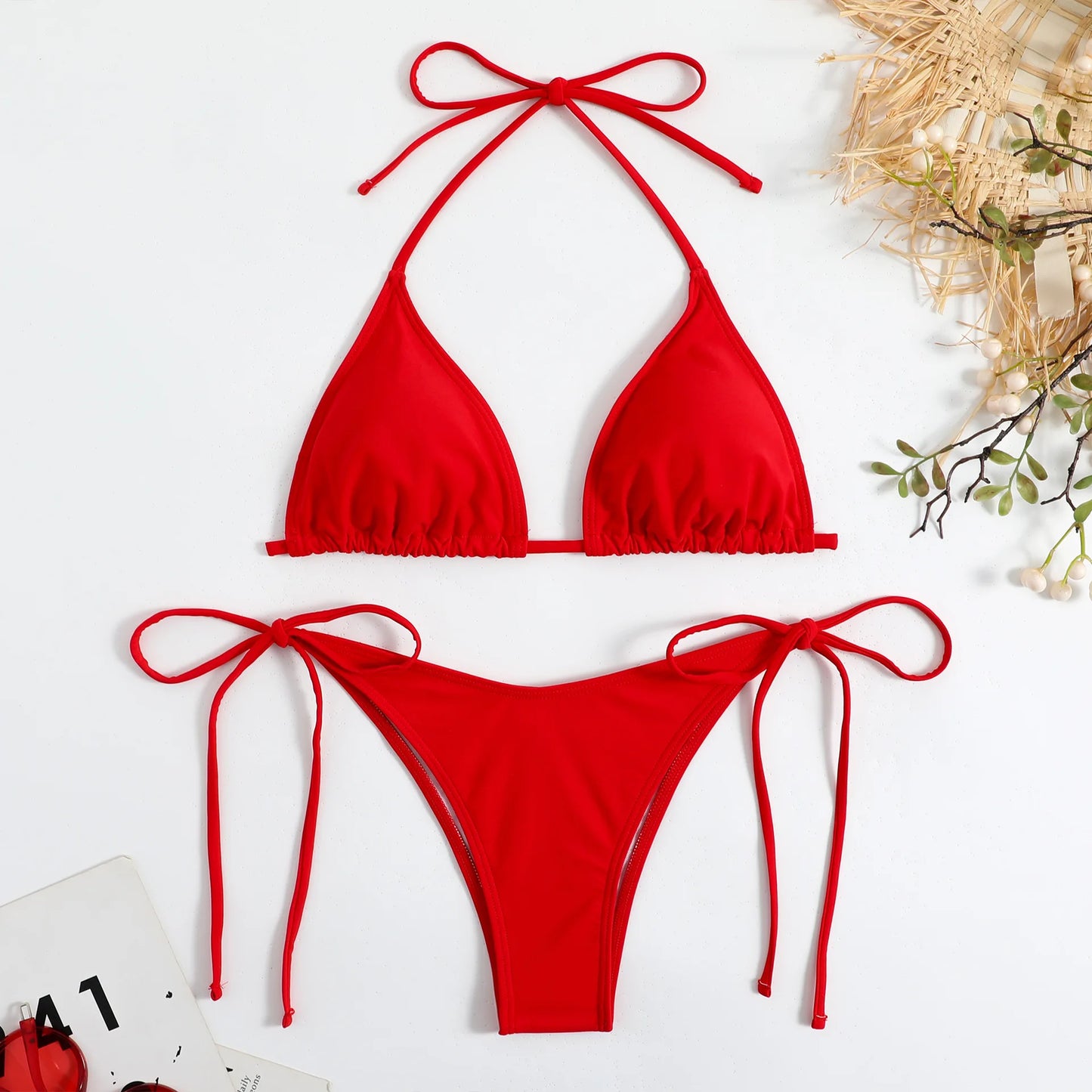 2 Piece Brown Bikini Red Halter Push Up Bra Tie Side Triangle Swimsuit Summer Bathing Suit Lace Up Micro Swimwear