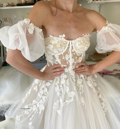 Short Puff Sleeves 3D lace Wedding Dresses Champagne Liner Tulle Appliques Formal Bridal Gowns The Clothing Company Sydney