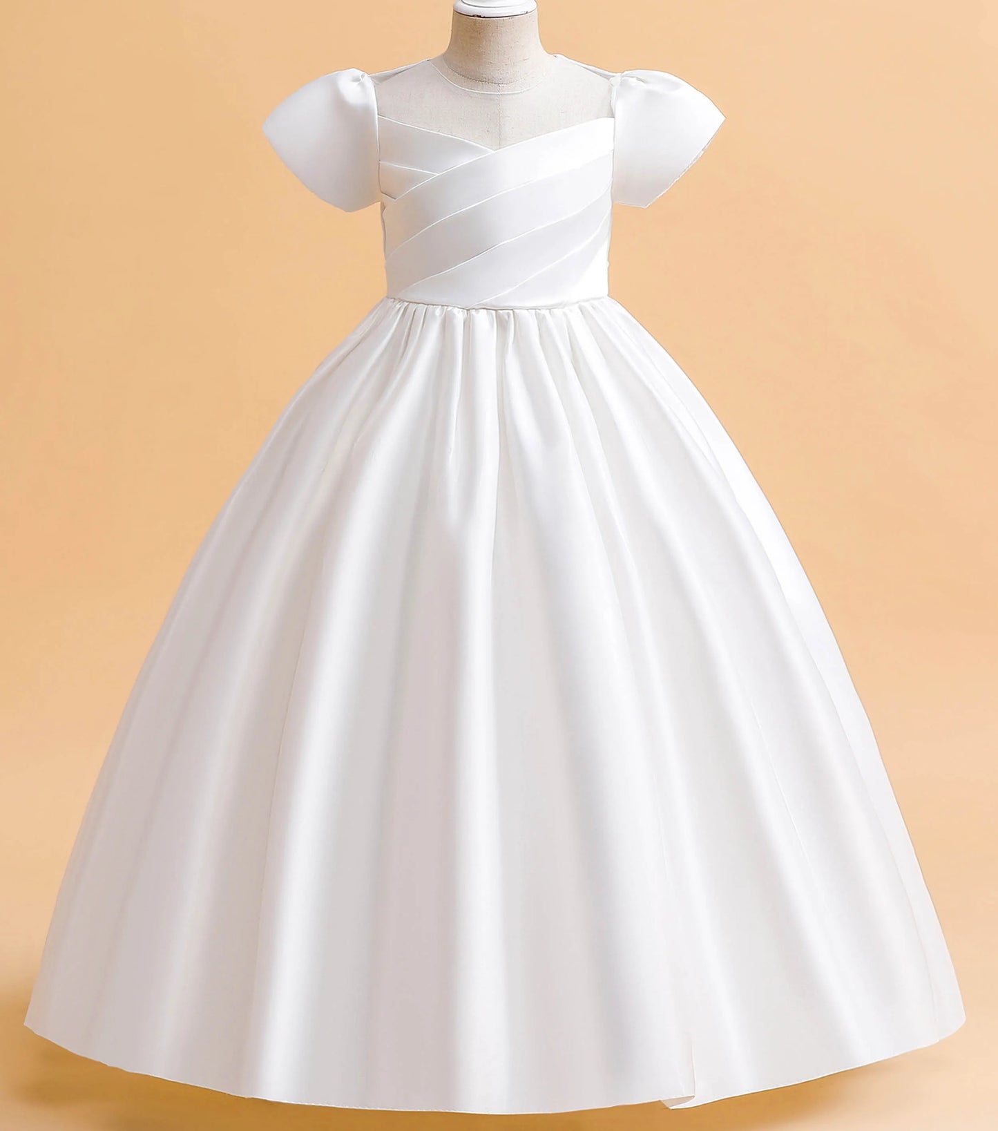 Little Big Girls Elegant Princess Puff Sleeves Satin Flower Girl Wedding Birthday Party Formal Dress