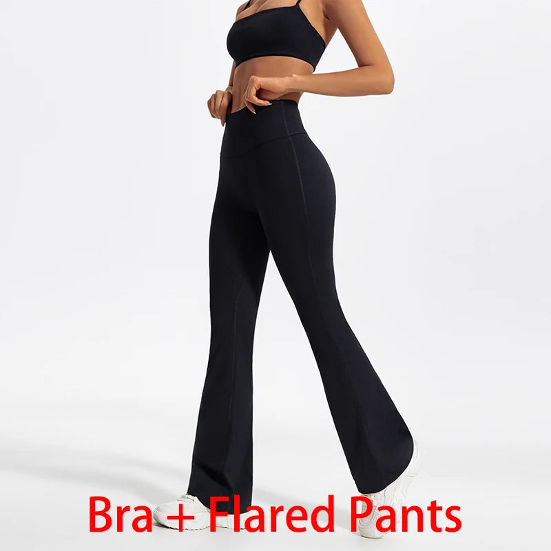 Women Two Piece Gym Workout Bra Yoga Set Shorts Fitness Wear Quick-Dry Sports Bra Flared Pants Suits