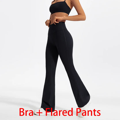 Women Two Piece Gym Workout Bra Yoga Set Shorts Fitness Wear Quick-Dry Sports Bra Flared Pants Suits