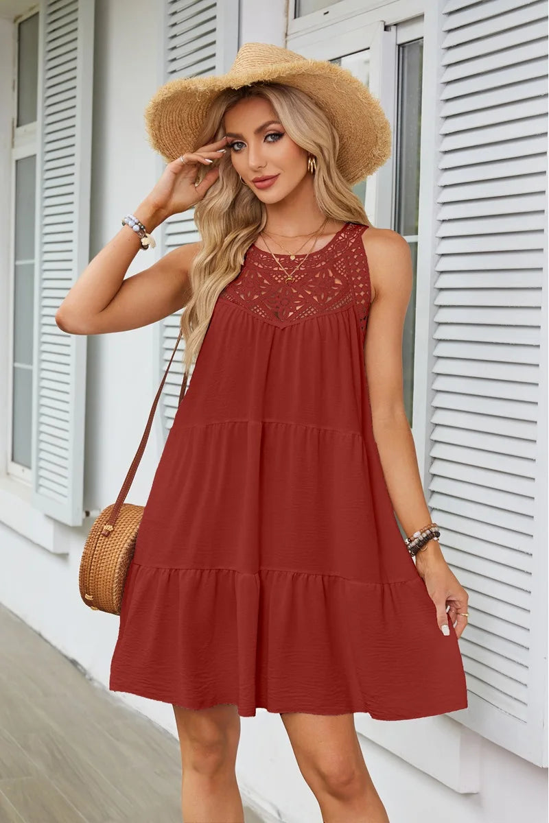 Hollow Lace Patchwork Halter Neck Women A Line Dress Summer Casual Solid Color Loose Beach Holiday Sundress