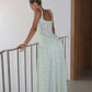 Flower Printed Slim A-line Sling Green Square Neck High Split Long Elegant Chic Evening Dress