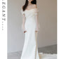 One Shoulder Satin Light Wedding Dress with Simple and Slim Fit Sweet Long Sleeved Bride Evening Gown