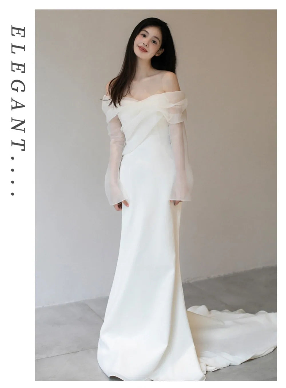 One Shoulder Satin Light Wedding Dress with Simple and Slim Fit Sweet Long Sleeved Bride Evening Gown