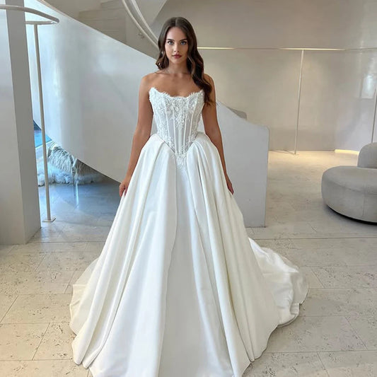 Satin A Line Luxurious Scoop Neckling Lace Bodice Wedding Dresses Custom Made Bridal Grown The Clothing Company Sydney