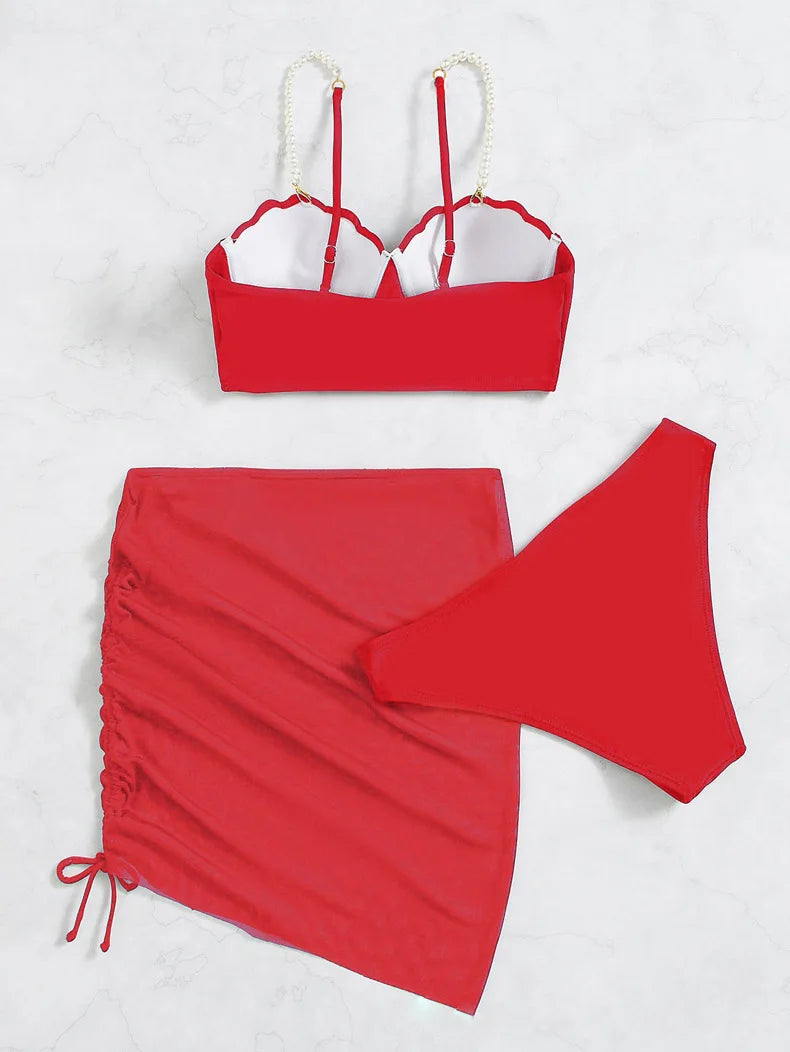 3 Piece Women's Swimsuit Off Shoulder Suspender Pure Cotton Fashion Backless Beach Split Swimwear