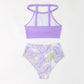 Light Purple High Waist Bikini High Neck Swimsuit Female Two Piece Swimwear Women Print Beach Wear Bathing Suit