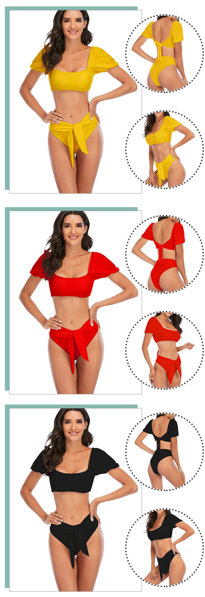 2 Piece Women Swimsuit Solid Colour Short Puff Sleeve Summer High Waist Cut Backless Bathing Suit Beachwear Bikini Set The Clothing Company Sydney