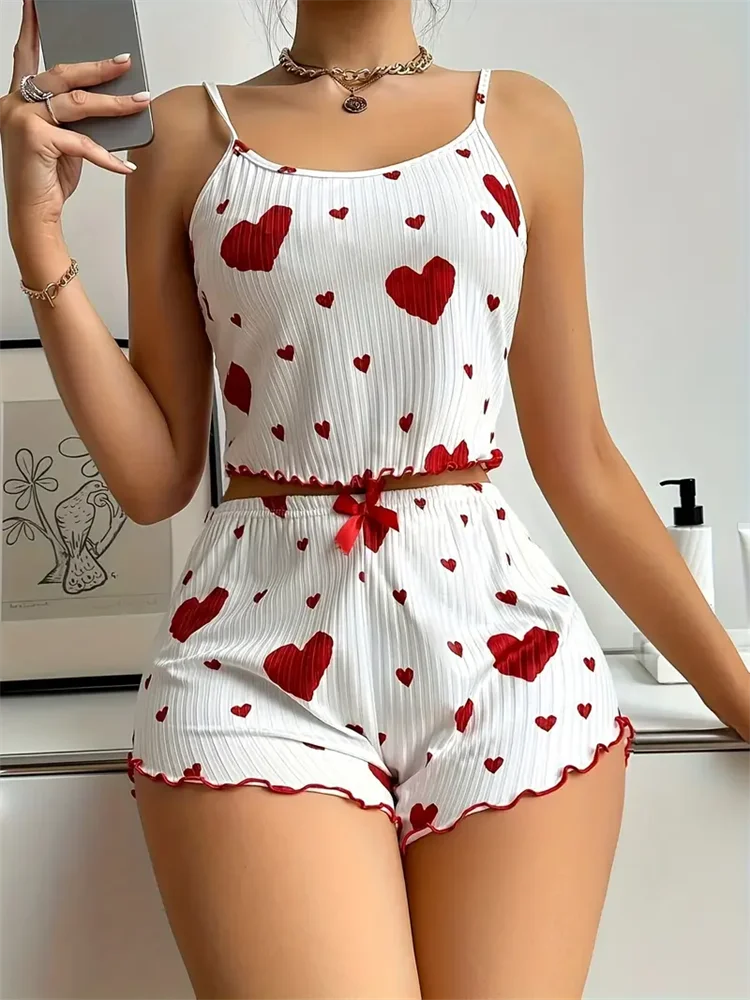 2 Piece Women's Pajamas Set Straps Sleepwear Vest Shorts set Red Heart Print Nightwear Lingerie The Clothing Company Sydney