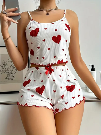 2 Piece Women's Pajamas Set Straps Sleepwear Vest Shorts set Red Heart Print Nightwear Lingerie The Clothing Company Sydney
