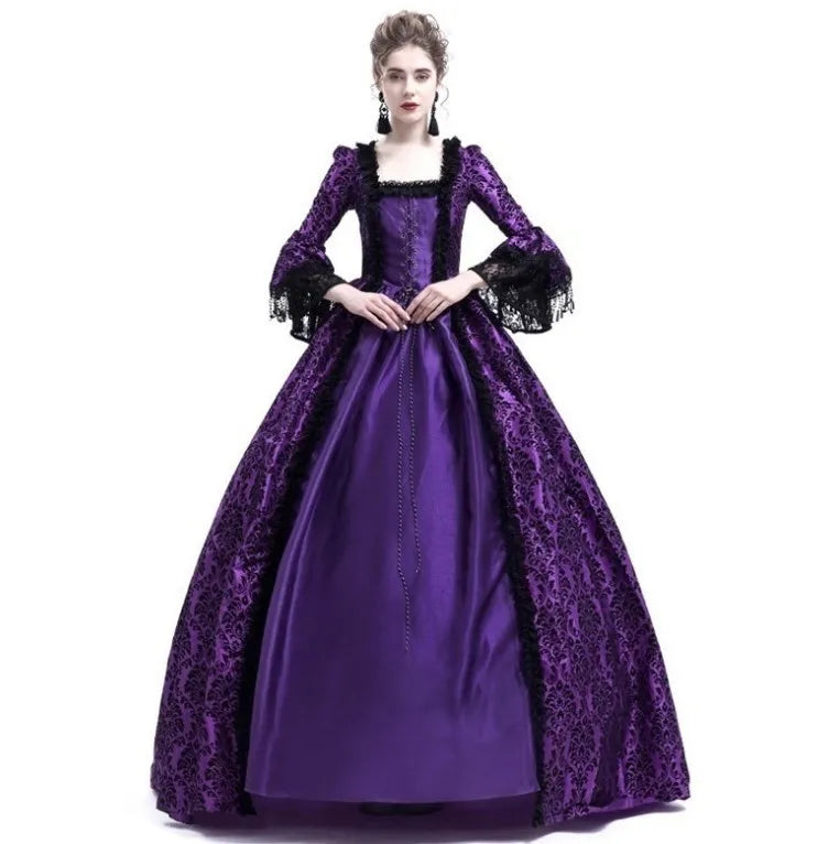 Medieval Victorian Court Lace Patchwork Gothic Halloween Witch Cosplay Party Costume Square Neck Flare Sleeve Maxi Dress