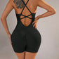 Women's Jumpsuit Short Bodycon High Elasticity Nylon Bodysuit Yoga Sports Workout Gym One Piece Criss Cross Activewear