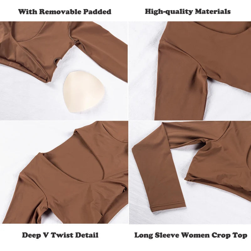 Long Sleeve Gym Crop Tops for Women Twist Deep V Workout Crop T Shirt Top Quick Dry Padded Sports Fitness Yoga Top The Clothing Company Sydney