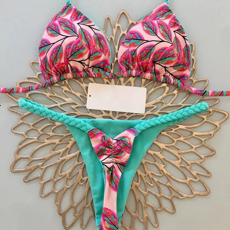 2 Piece Swimwear Leopard Printed Micro Bikini Set Striped Beachwear Summer Swimsuit Two-pieces Thong Bathing Suit
