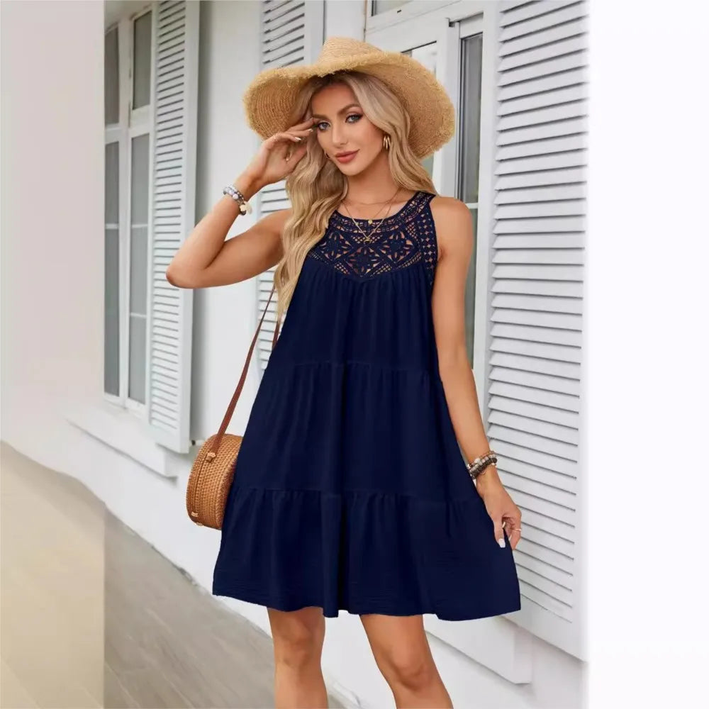 Hollow Lace Patchwork Halter Neck Women A Line Dress Summer Casual Solid Color Loose Beach Holiday Sundress The Clothing Company Sydney