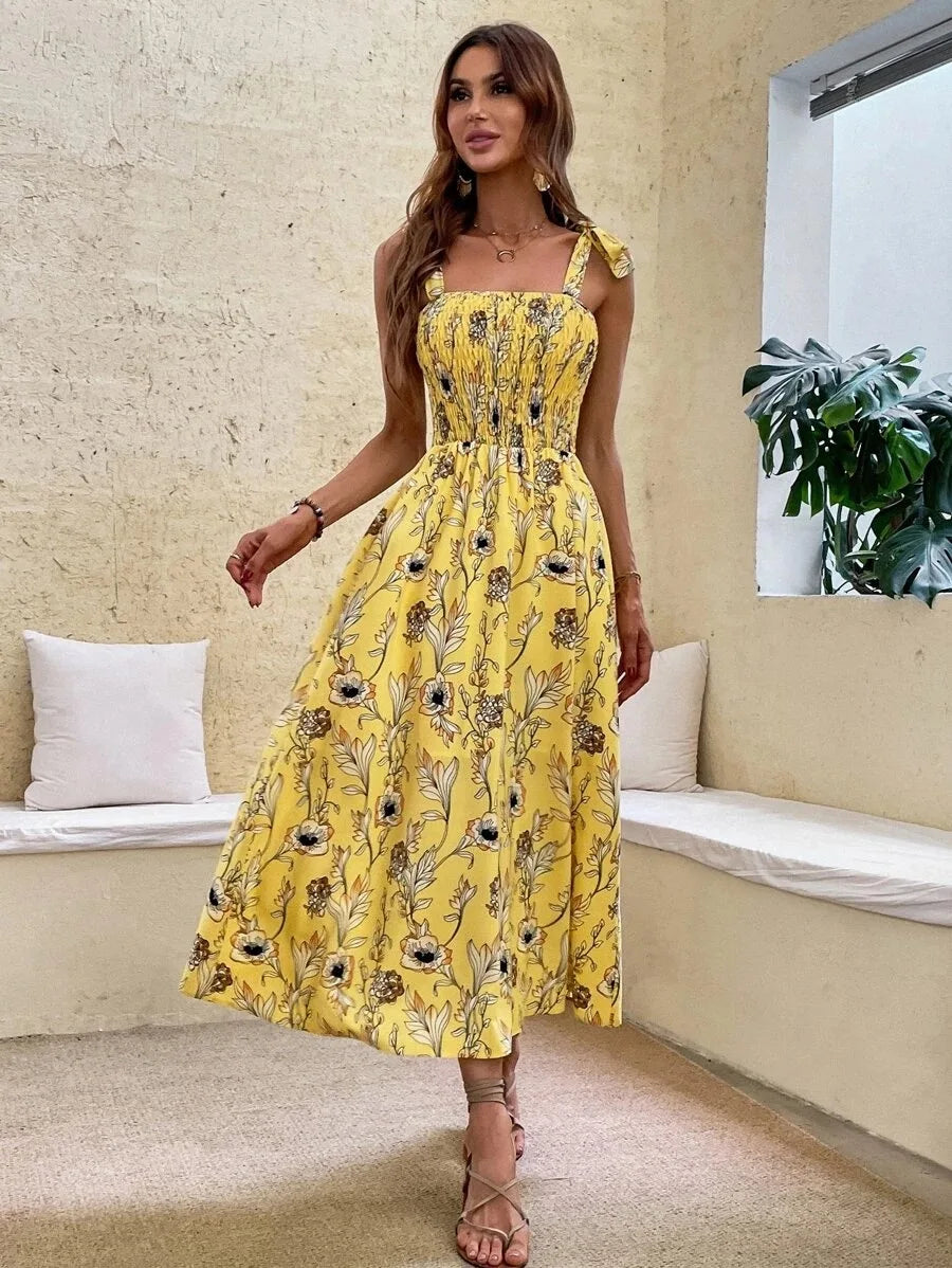 Floral Long Dress Women's Backless Sleeveless Bandage Beach Sundress Casual Green Summer Ladies Dresses