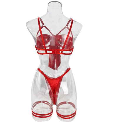 Bowknot Lingerie Open Bra Lace Up Underwear 3-Piece Satin Outfit Set The Clothing Company Sydney