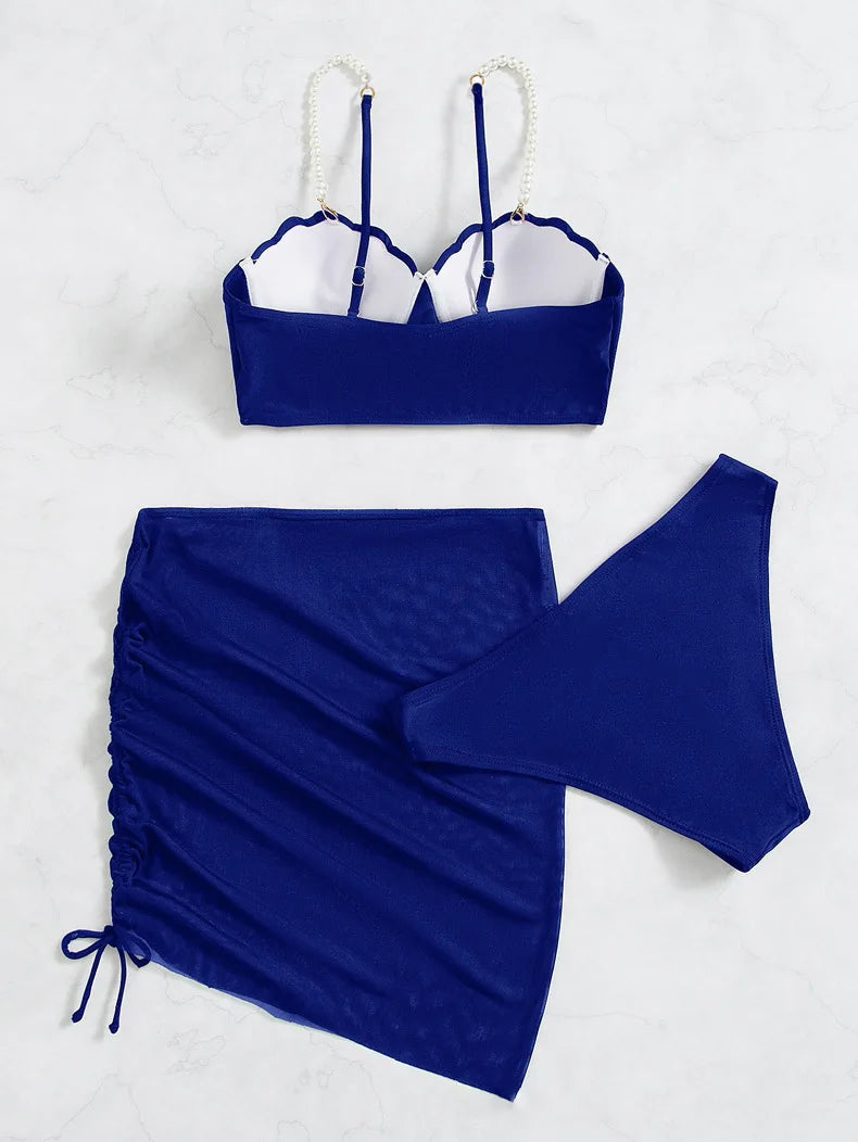 3 Piece Women's Swimsuit Off Shoulder Suspender Pure Cotton Fashion Backless Beach Split Swimwear