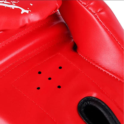 Black, red and blue adult and kid boxing Muay Thai training gloves with adjustable wrist straps and hand protection