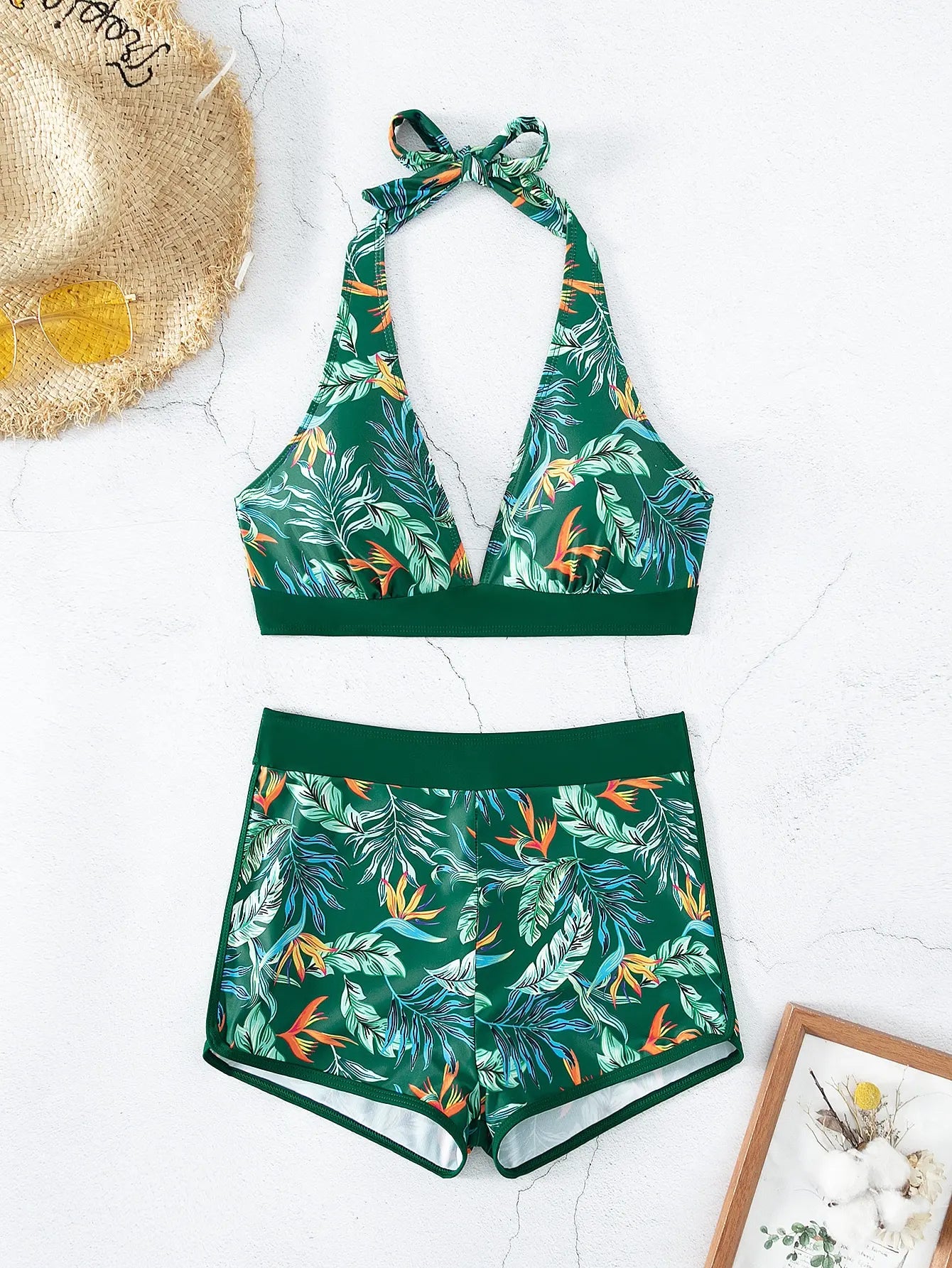 2 Piece Halter Bikini Set Shorts Swimsuit High Waist Swimwear Female Printed Bathers Swimming Bathing Swim Suit Beachwear