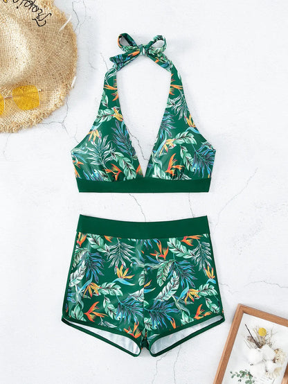 2 Piece Halter Bikini Set Shorts Swimsuit High Waist Swimwear Female Printed Bathers Swimming Bathing Swim Suit Beachwear