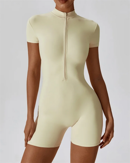 One Piece Yoga Suit with Stand up Collar Half Zipper Short Sleeve Gym Jumpsuit Activewear