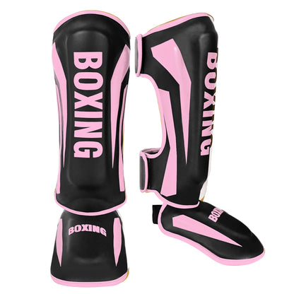 Muay Thai shin guards with foot and back protection for boxing, fighting, and taekwondo training