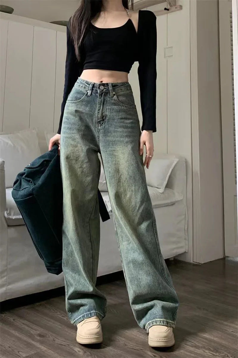 Vintage Baggy Straight Denim Trousers Y2K High Waist Loose Wide Leg Jeans Women Streetwear All-Match Casual Pants The Clothing Company Sydney