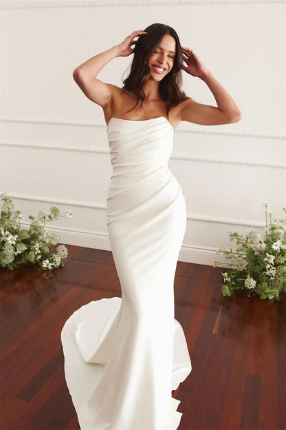 White Strapless Mermaid Long Train Simple Pleated Sleeveless Button Back Customized Formal Wedding Dress The Clothing Company Sydney