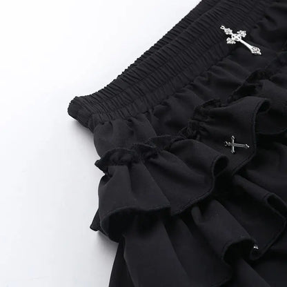 Women's Tiered Ruffles Mini Skirt with Cross Charms Built-in Shorts Skort Gothic Punk Skirt The Clothing Company Sydney