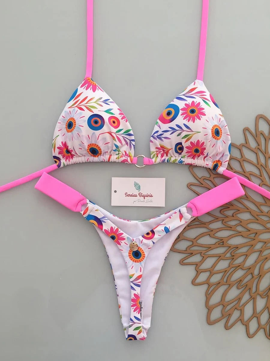 Brazilian lace-up print swimsuit set with backless design, thong micro bikini style, from The Clothing Company Sydney.