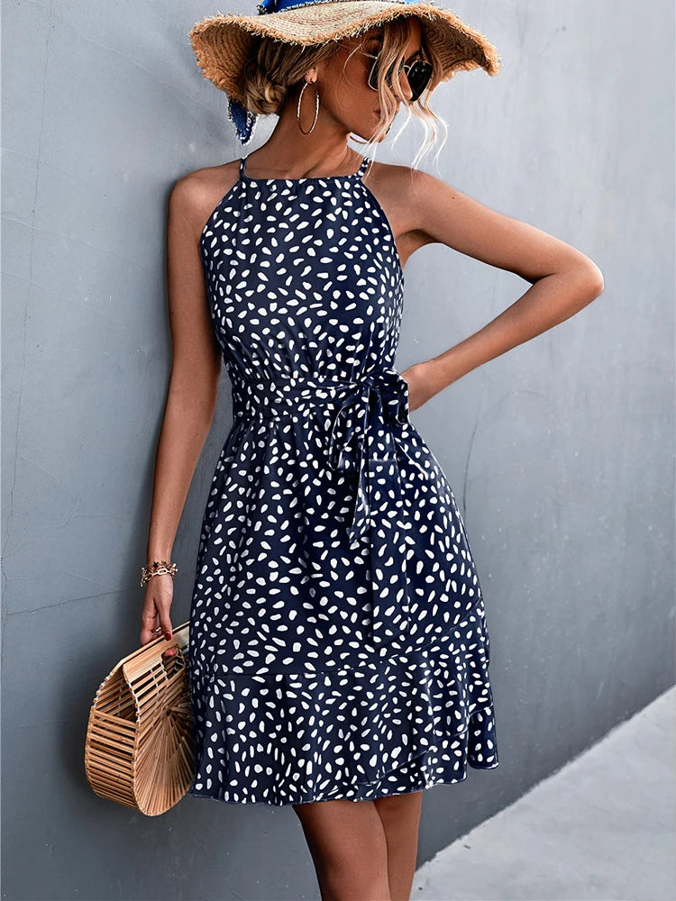 Summer Boho Dress Women Floral Print Mini Female Spaghetti Strap Short Dress Ladies Lace Up Slim Sleeveless Dress The Clothing Company Sydney