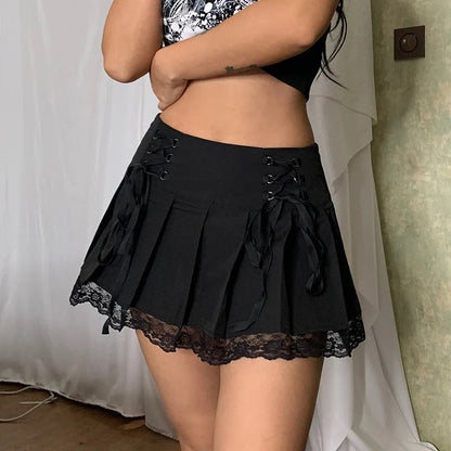 Retro Pleated Skirt Lace Up High Waist Plaid Mesh Stitching Hem Y2K Aesthetic Gothic Black Mini Skirt The Clothing Company Sydney