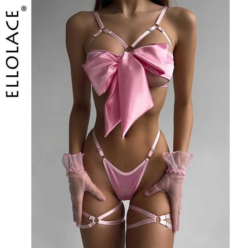 Bowknot Lingerie Open Bra Lace Up Underwear 3-Piece Satin Outfit Set The Clothing Company Sydney