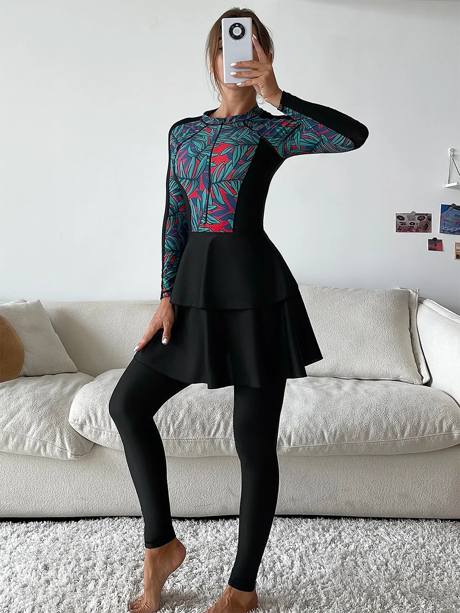 3 Piece Swimwear Women Long Sleeve Swimsuit Long Pants Top Conservative Bathing Suit