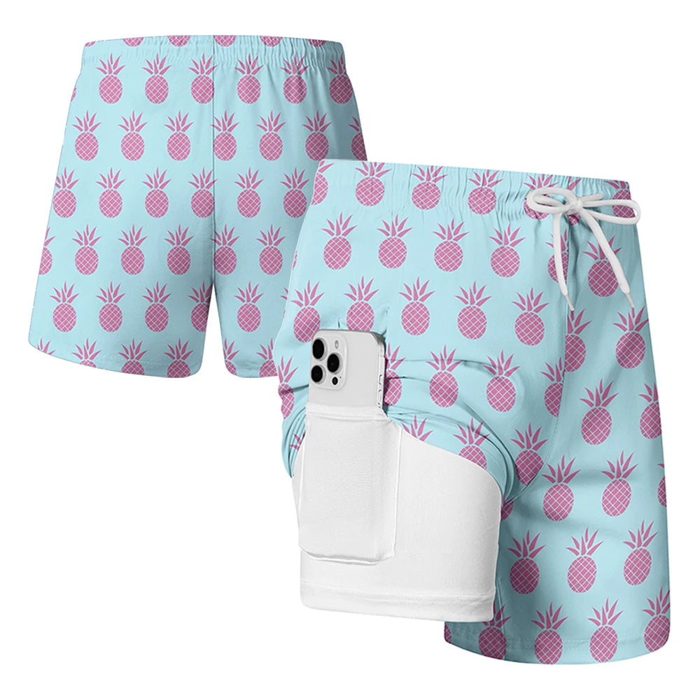 Men's quick-dry double-layer beach print swim trunks with phone pockets and compression liner
