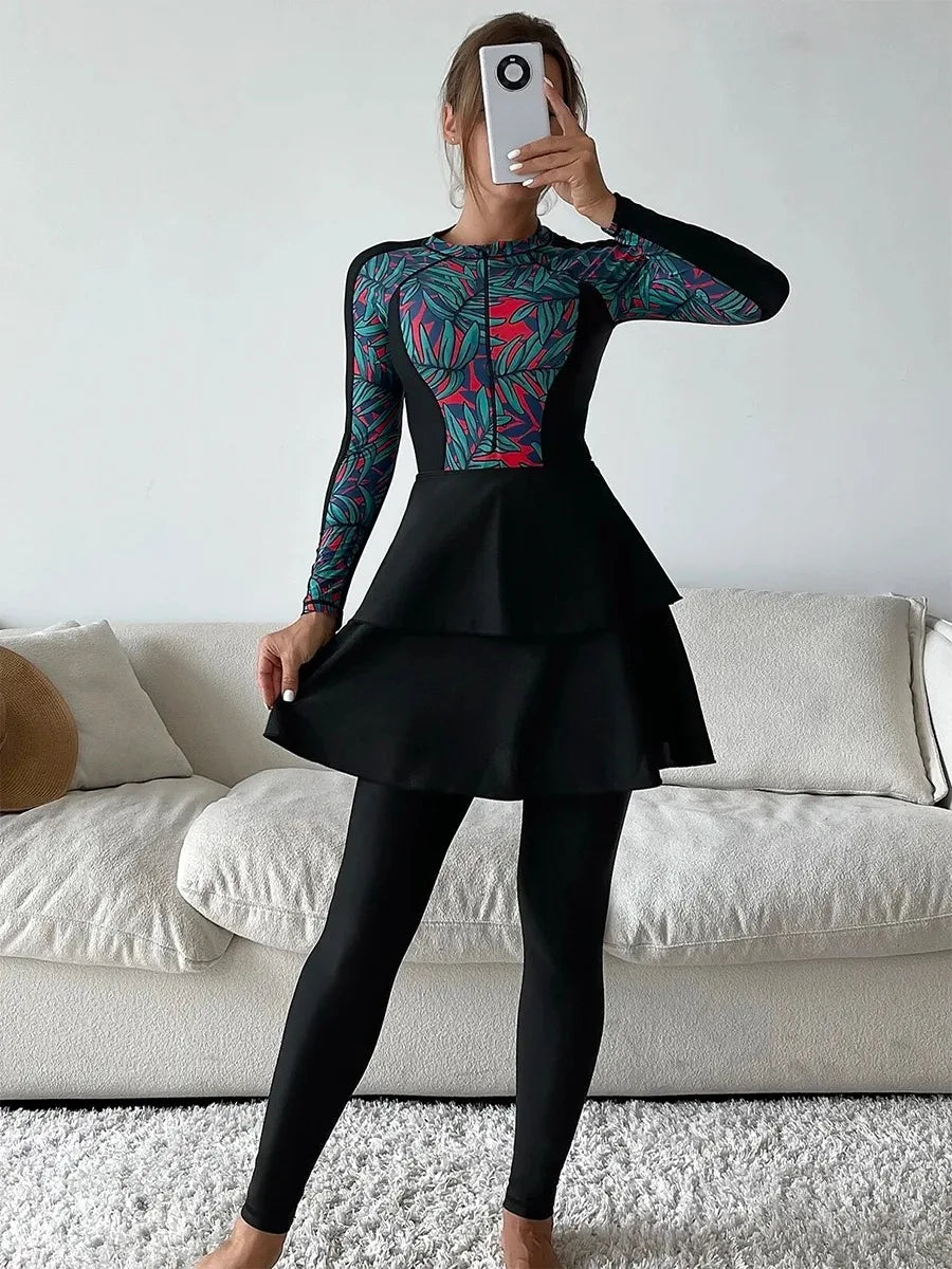3 Piece Swimwear Women Long Sleeve Swimsuit Long Pants Top Conservative Bathing Suit
